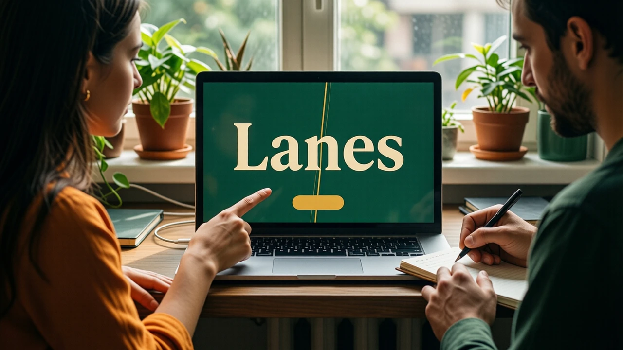 A woman and a man at a small shared desk in a sunlit flat, the woman pointing at a laptop screen that shows the large cream word "Lanes" above two thin gold lines that split apart to the left and right on deep green, the man taking notes in a paper notebook, plants on the windowsill.