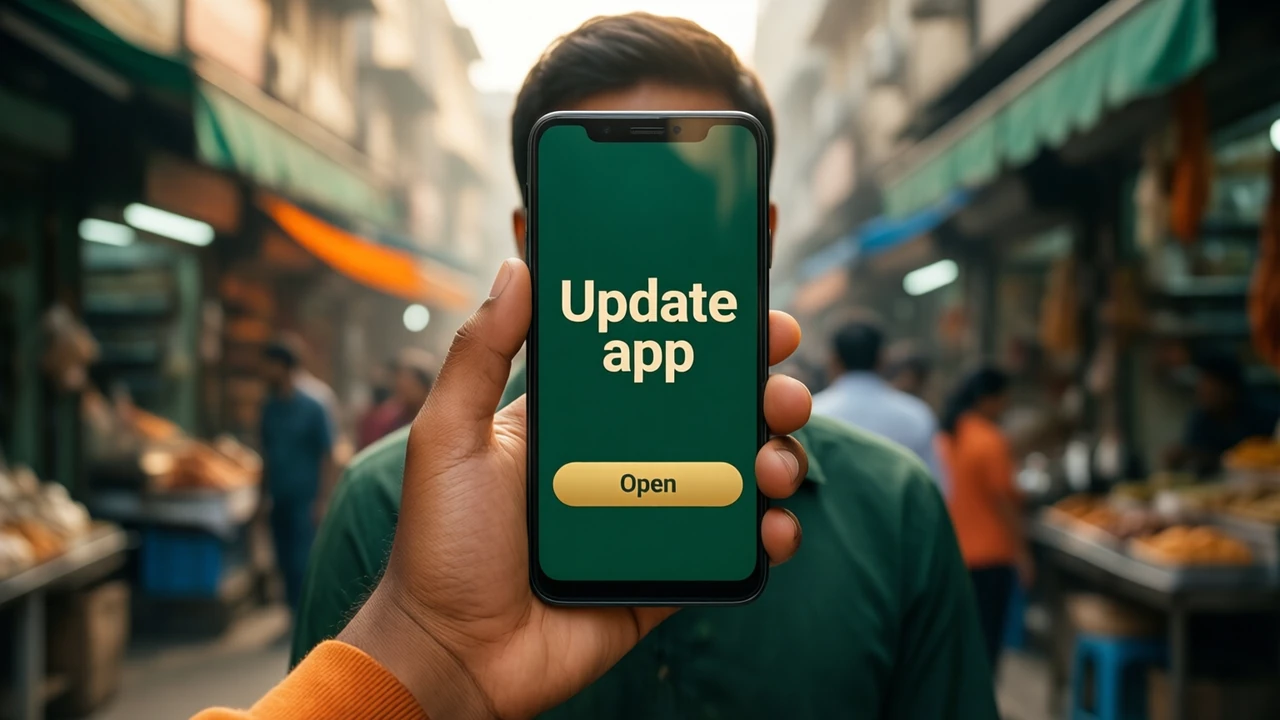 A young man standing in a narrow market lane holding an Android phone close to his chest, the phone screen showing the large cream words "Update app" above one wide gold button with the dark word "Open" on a deep green screen, shop awnings blurred behind him.