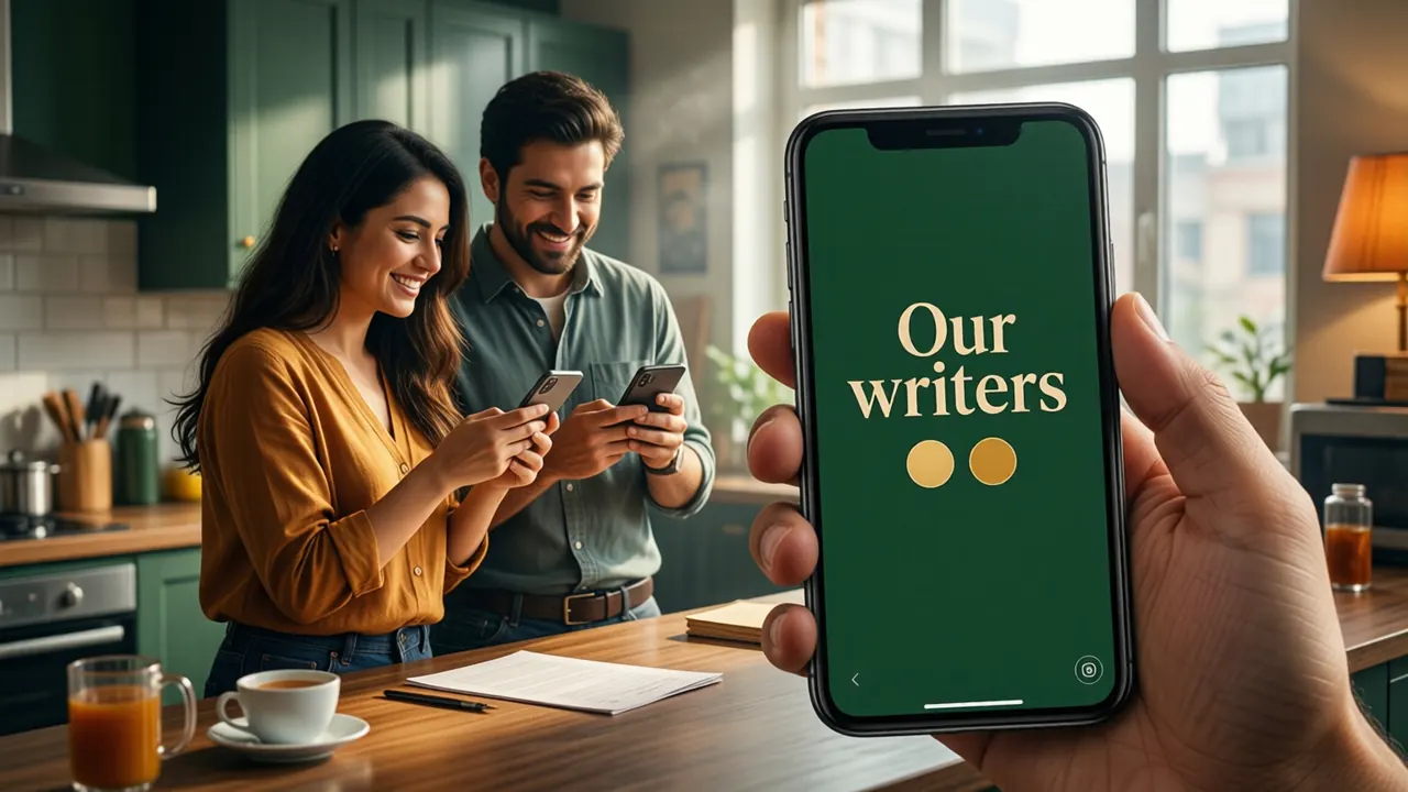 A woman and a man standing at a tall kitchen counter in a shared office, each holding a phone, the nearer phone screen showing the large cream words "Our writers" above two small gold circles on deep green, both looking at their screens and smiling, daylight from a wide window.