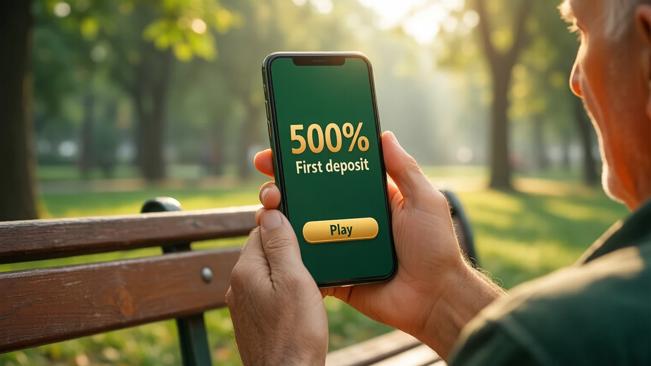 An older man on a wooden bench in a park holding a phone at arm's length to read it, the phone screen showing the large gold figure "500%" with the cream words "First deposit" under it and one wide gold button with the dark word "Play" at the bottom of a deep green screen, bright morning light through trees.