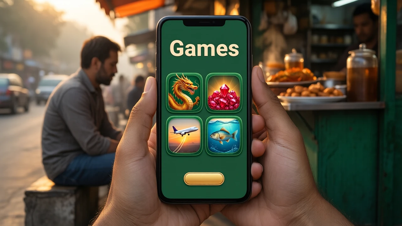 A man sitting on a low wall outside a tea stall holding a phone sideways in both hands, the phone screen showing the large cream word "Games" at the top and below it four big rounded square tiles in a two-by-two grid on deep green, each tile a bright picture: a golden dragon, a heap of red gems, a small aeroplane over a rising line, a fish in blue water, warm evening light.