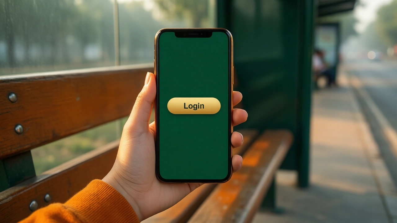 A young woman on a shaded bus-stop bench holding a phone in one hand, the phone screen showing one wide rounded gold button with the dark word "Login" on it in the middle of a deep green screen, soft afternoon light on her hand.