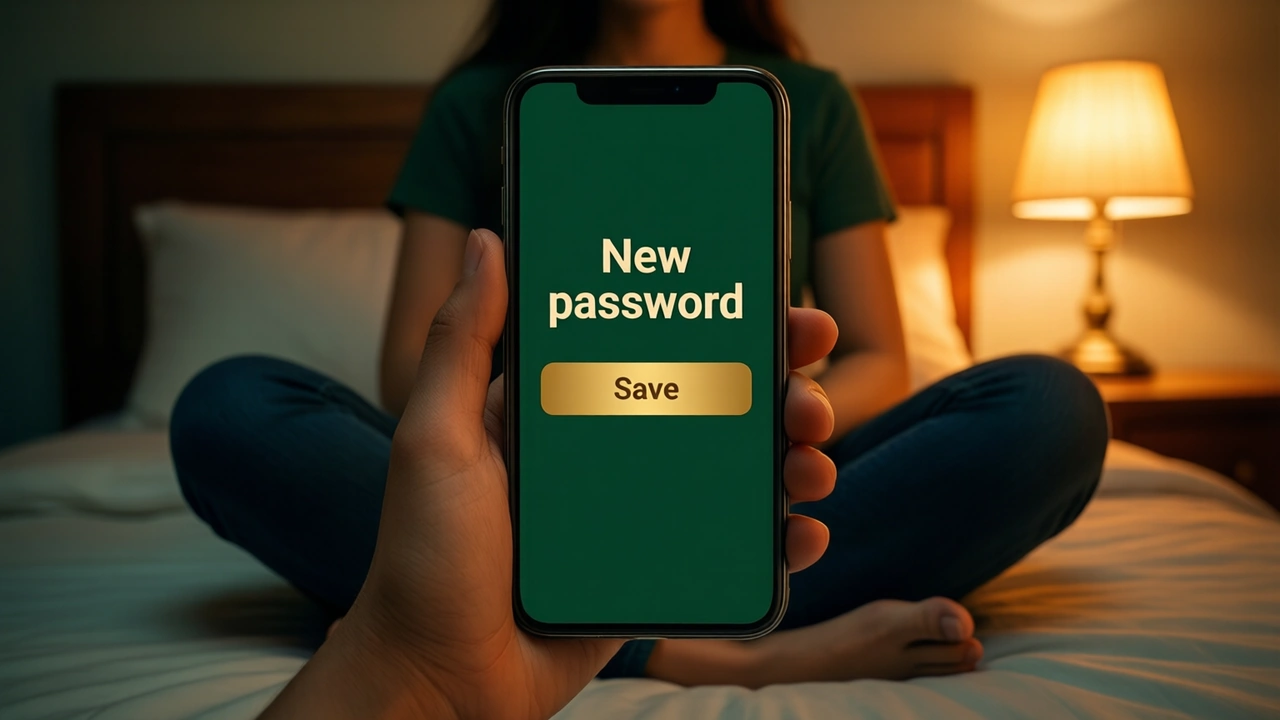 A woman sitting cross-legged on a bed at night with a phone in her lap, the phone screen showing the large cream words "New password" above one wide gold button with the dark word "Save" on a deep green screen, a warm bedside lamp glowing beside her.