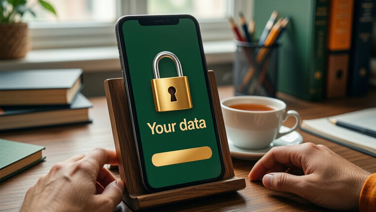 A phone resting upright in a wooden stand on a tidy study desk, the phone screen showing a large gold padlock above the cream words "Your data" on deep green, a cup of tea beside it.