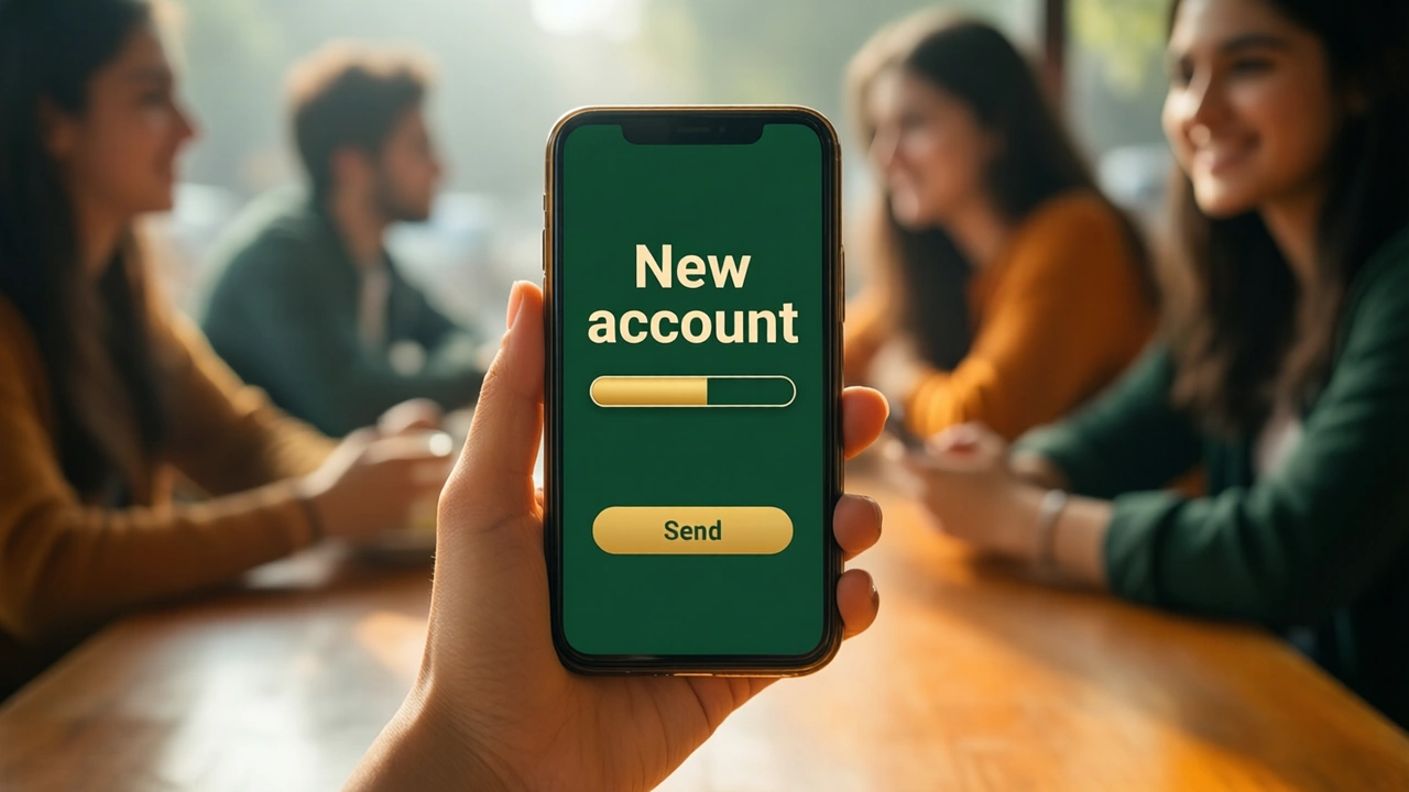 A young woman at a college canteen table holding a phone up near her face, the phone screen showing the large cream words "New account" above a short gold bar half filled and one wide gold button with the dark word "Send" on a deep green screen, friends blurred in the background.