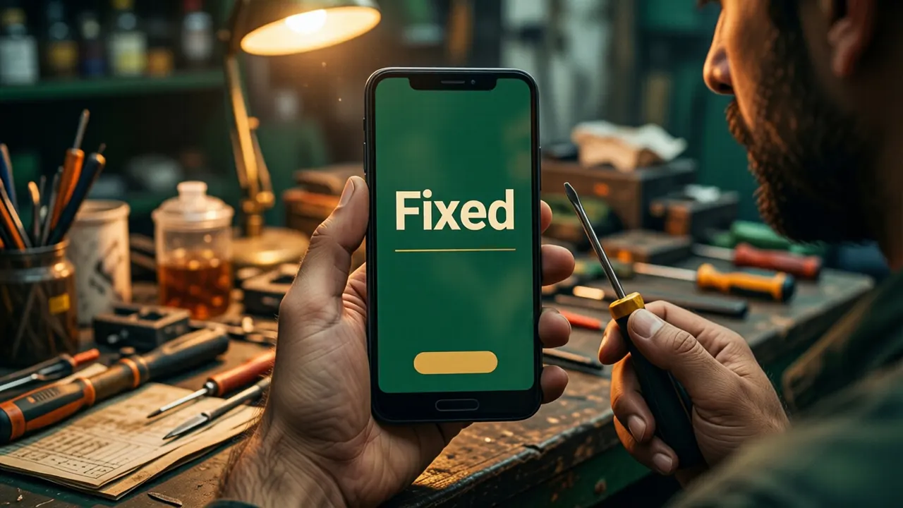 A man in his thirties at a cluttered repair-shop counter holding an Android phone in one hand and a small screwdriver in the other, the phone screen showing the large cream word "Fixed" above one short gold line on deep green at all, warm work-lamp light.