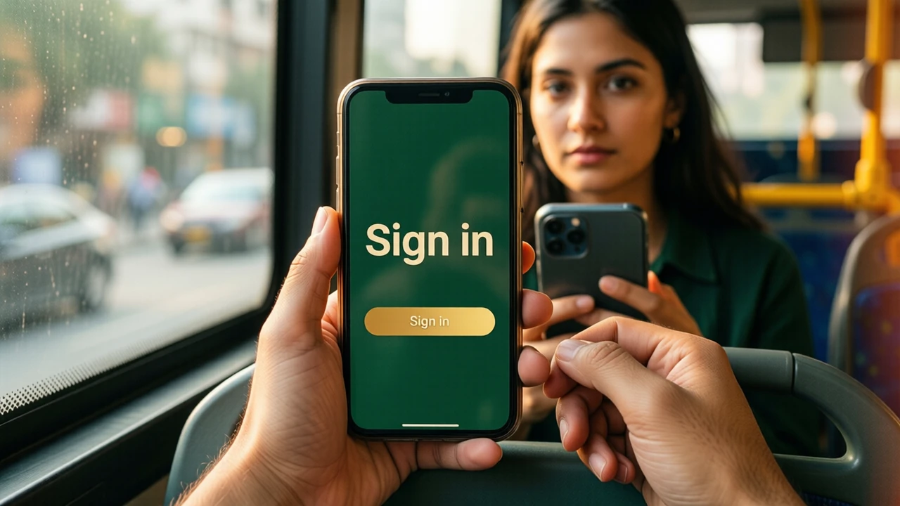 A young woman seated at a window seat on a city bus holding a phone in both hands, the phone screen showing the large cream words "Sign in" above one wide gold button on deep green, her eyes on the screen, soft morning light through the bus window.