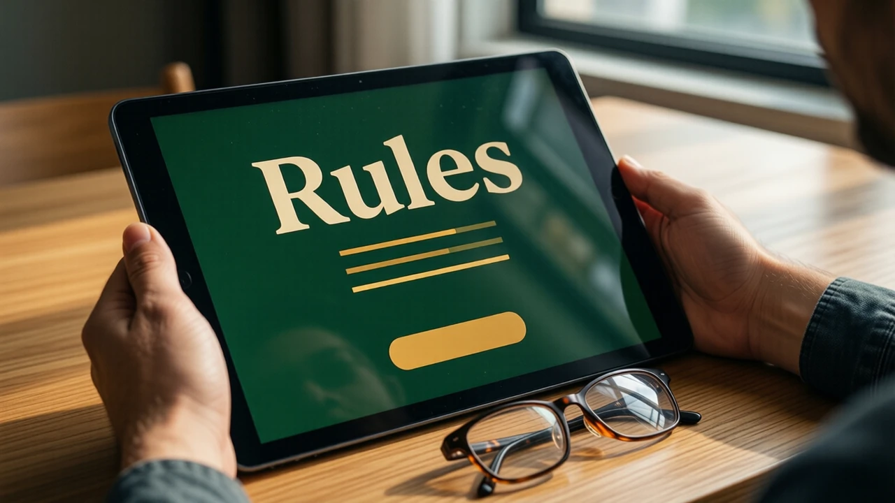 A tablet lying flat on a light wooden table beside a pair of reading spectacles, the tablet screen showing the large cream word "Rules" at the top and three short gold lines beneath it on deep green, soft daylight.
